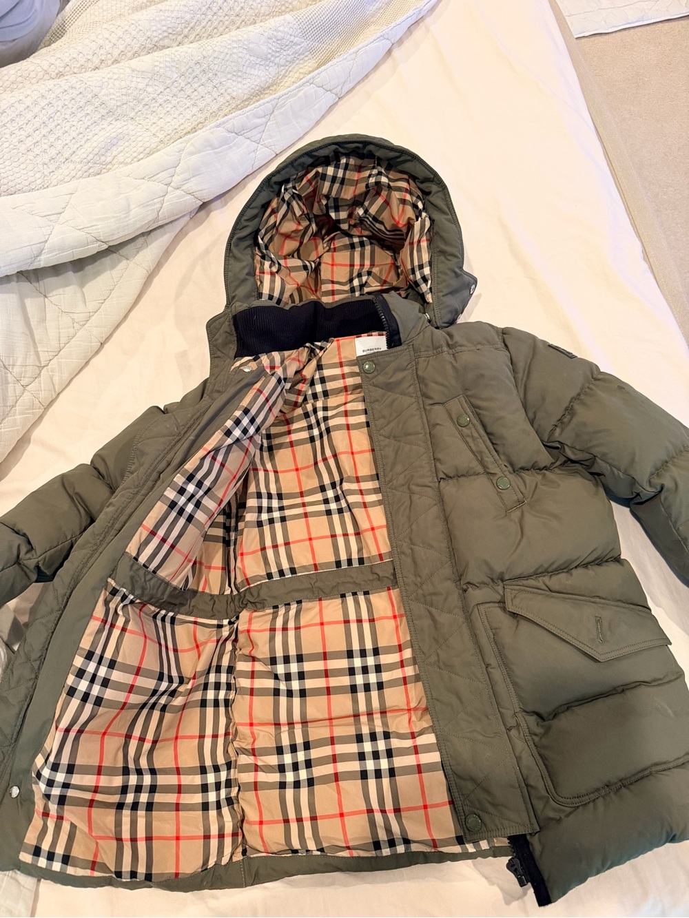 Burberry Olive Green Kids Puffer Jacket with Signature Check Lining